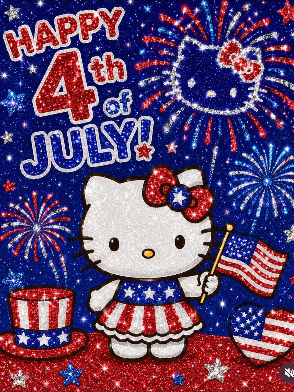 Hello Kitty Patriotic Red White and Blue Glitter Graphic